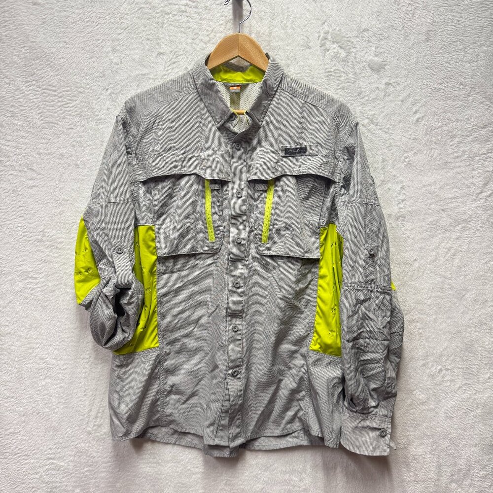 Eddie Bauer Sport Shop Fishing Shirt Men Large Gray Neon Lined Roll Tab Sleeve